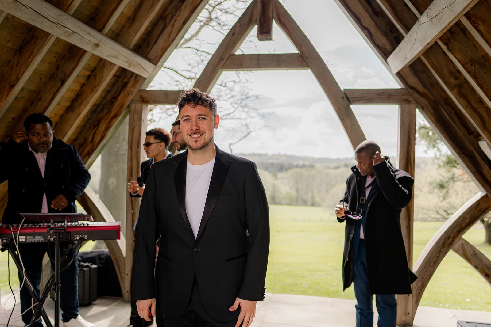 The A-frame ceremony pavilion at Highley Manor looking over the countryside