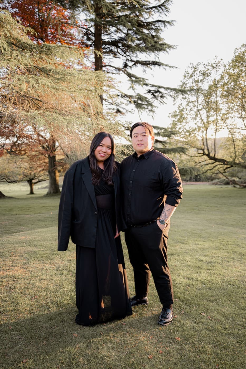 Stylish couple at golden hour, wedding photography London