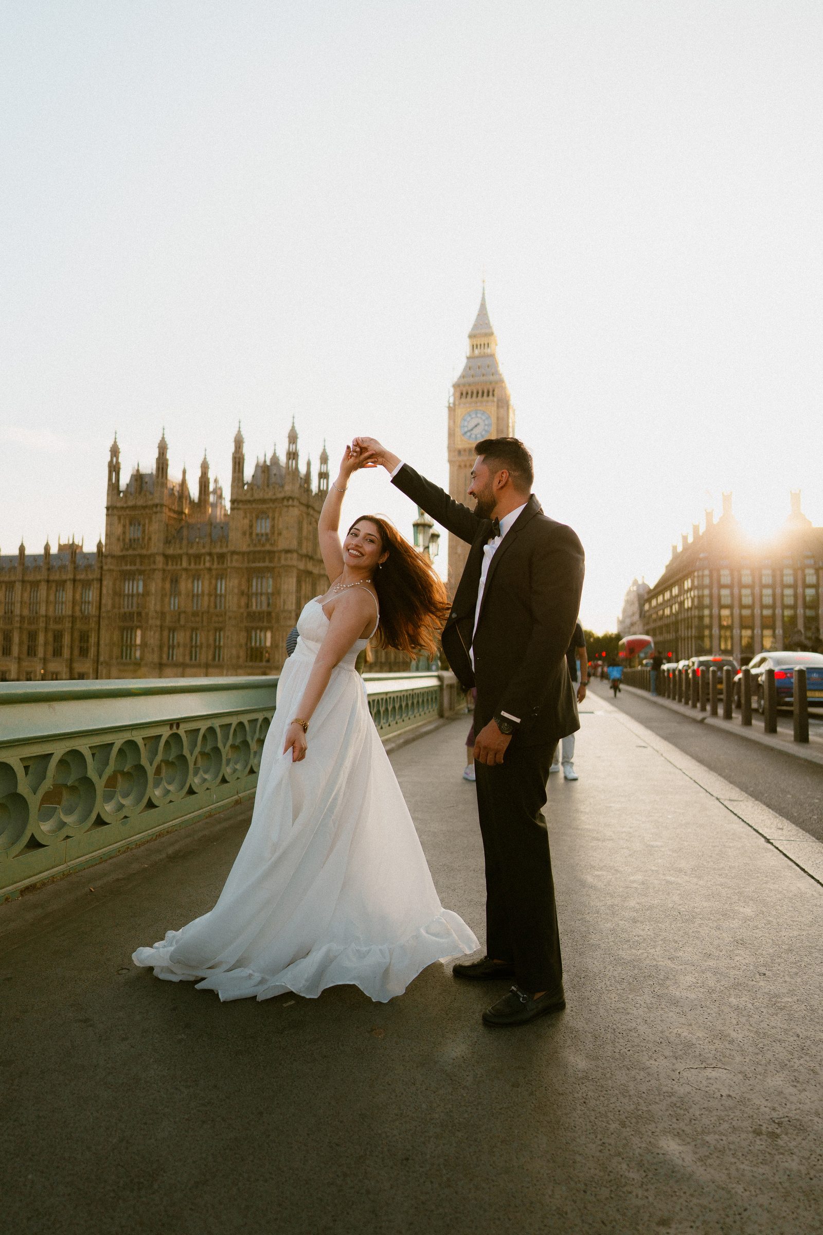 Rohit spinning Prachi into a twirl on Westminster Bridge, her white dress flaring in front of Big Ben