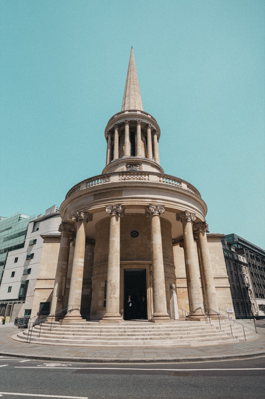 The circular Corinthian portico and spire of All Souls, Langham Place, seen from the front