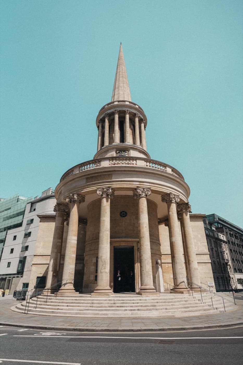 The circular Corinthian portico and spire of All Souls, Langham Place, seen from the front