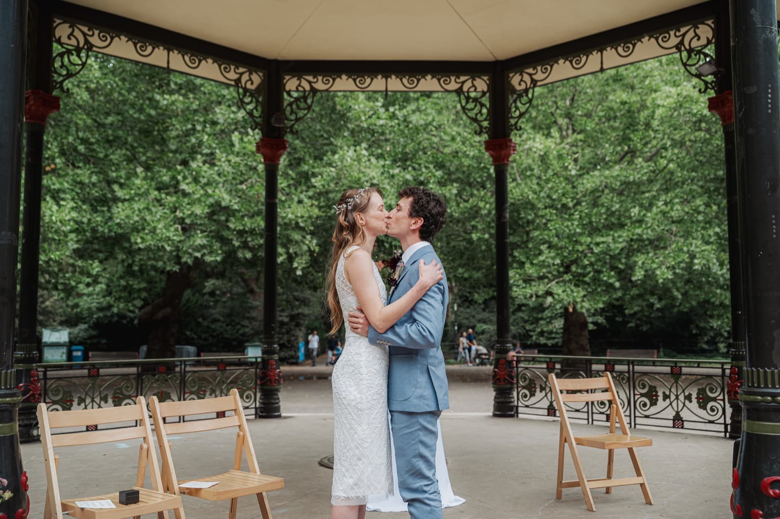 First kiss under the Victorian bandstand in Battersea Park