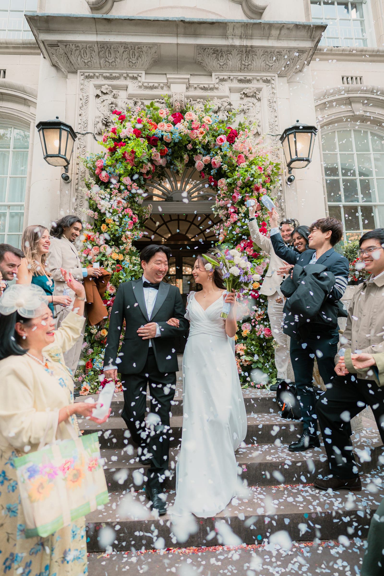 Confetti shower on the steps of Chelsea Old Town Hall