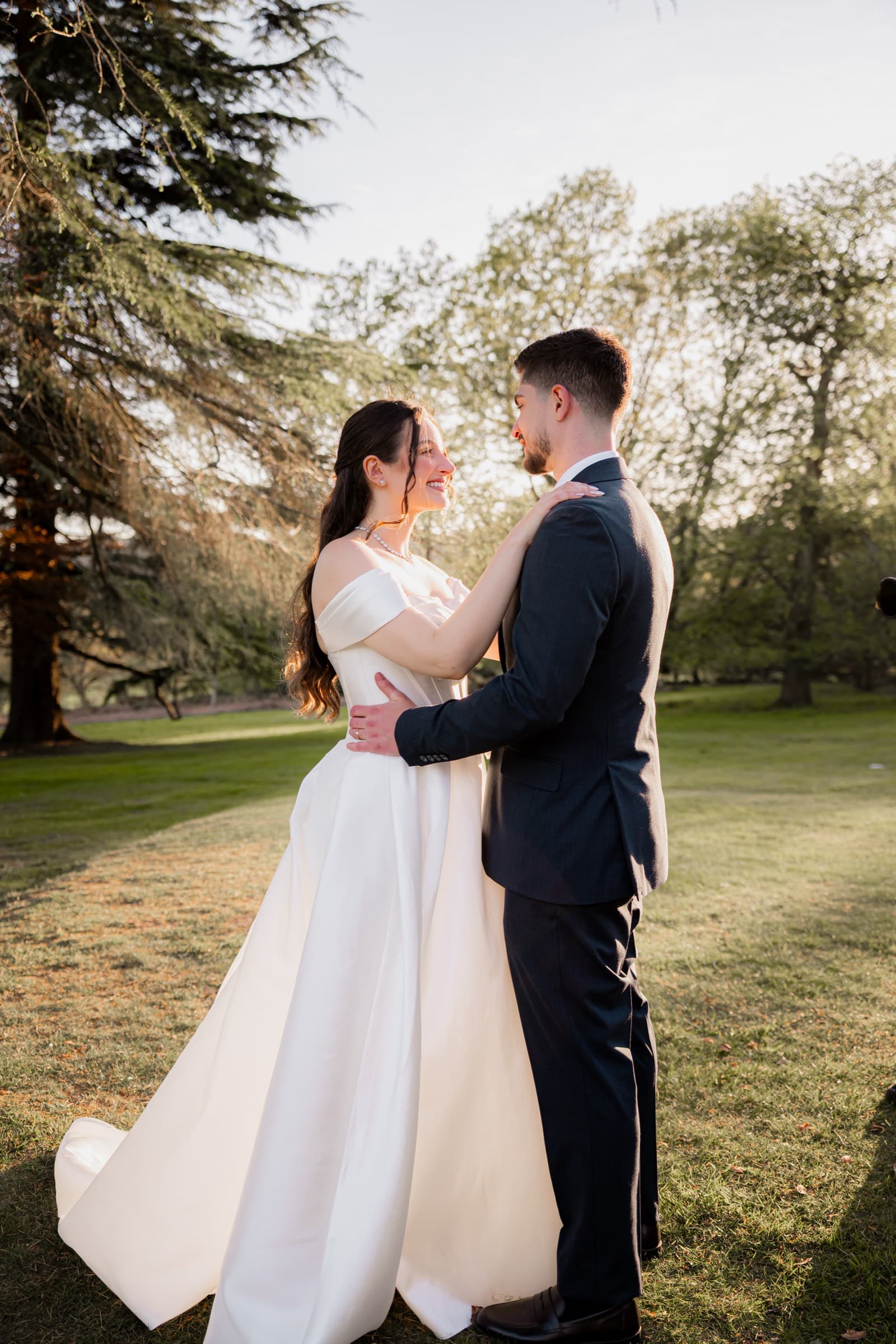 A couple holding each other in golden evening light beneath a tree