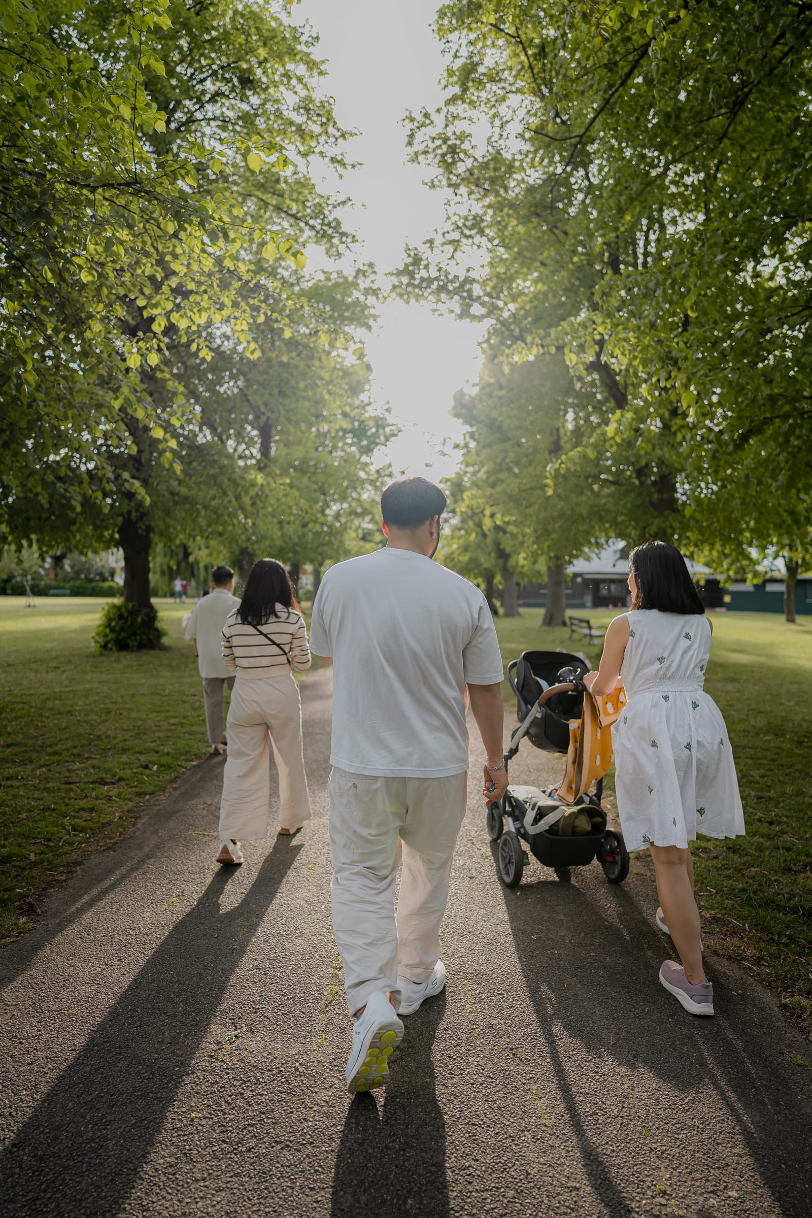 A family walking down a tree-lined park avenue in warm summer evening light